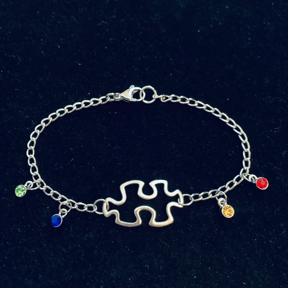 Autism Awareness Puzzle bracelet with colored rhinestones